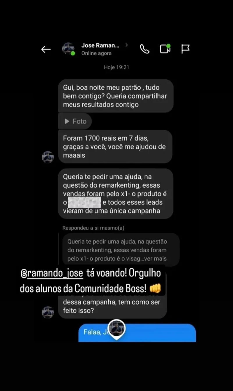 Mensagem de aluno sobre sua experiência em marketing digital. Amplie para ler a conversa.