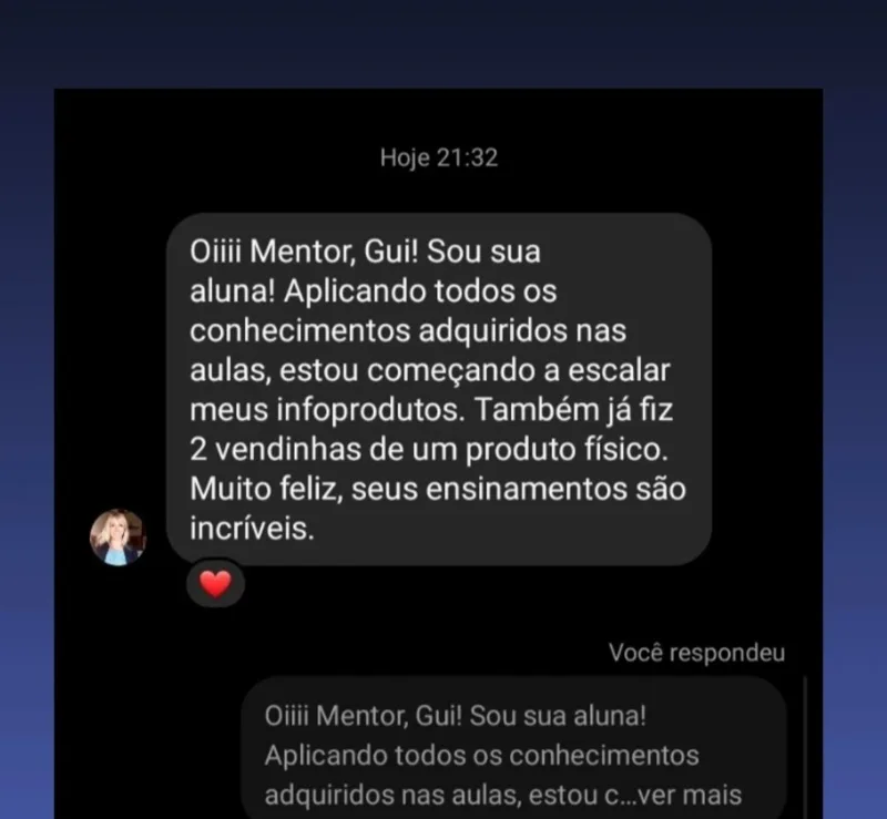 Mensagem de aluno sobre sua experiência em marketing digital. Amplie para ler a conversa.