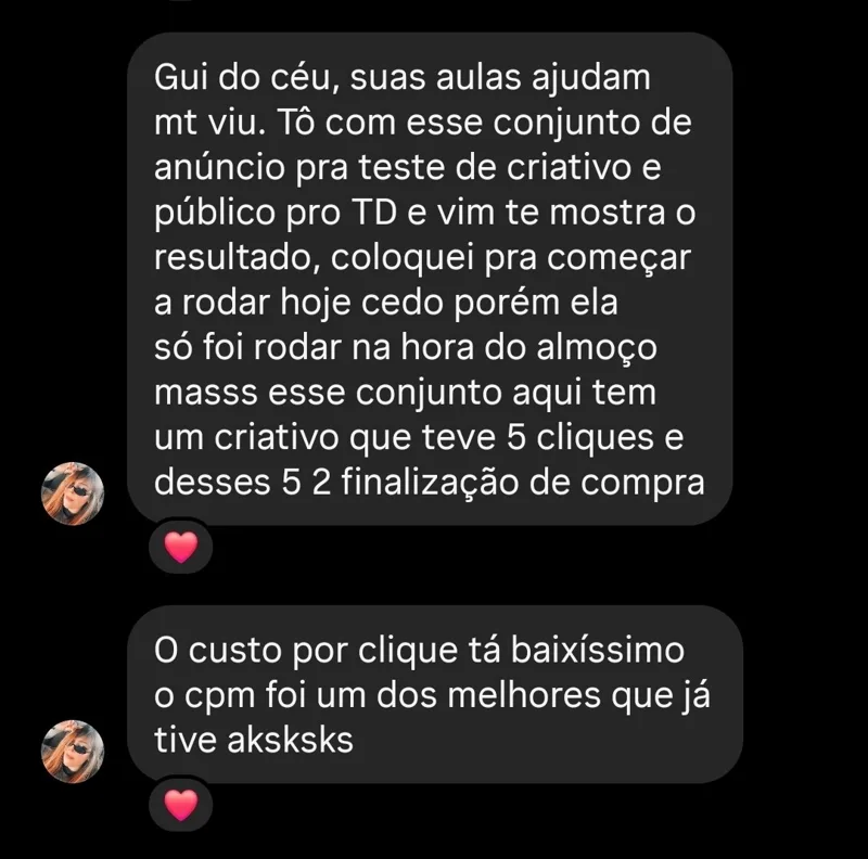 Mensagem de aluno sobre sua experiência em marketing digital. Amplie para ler a conversa.